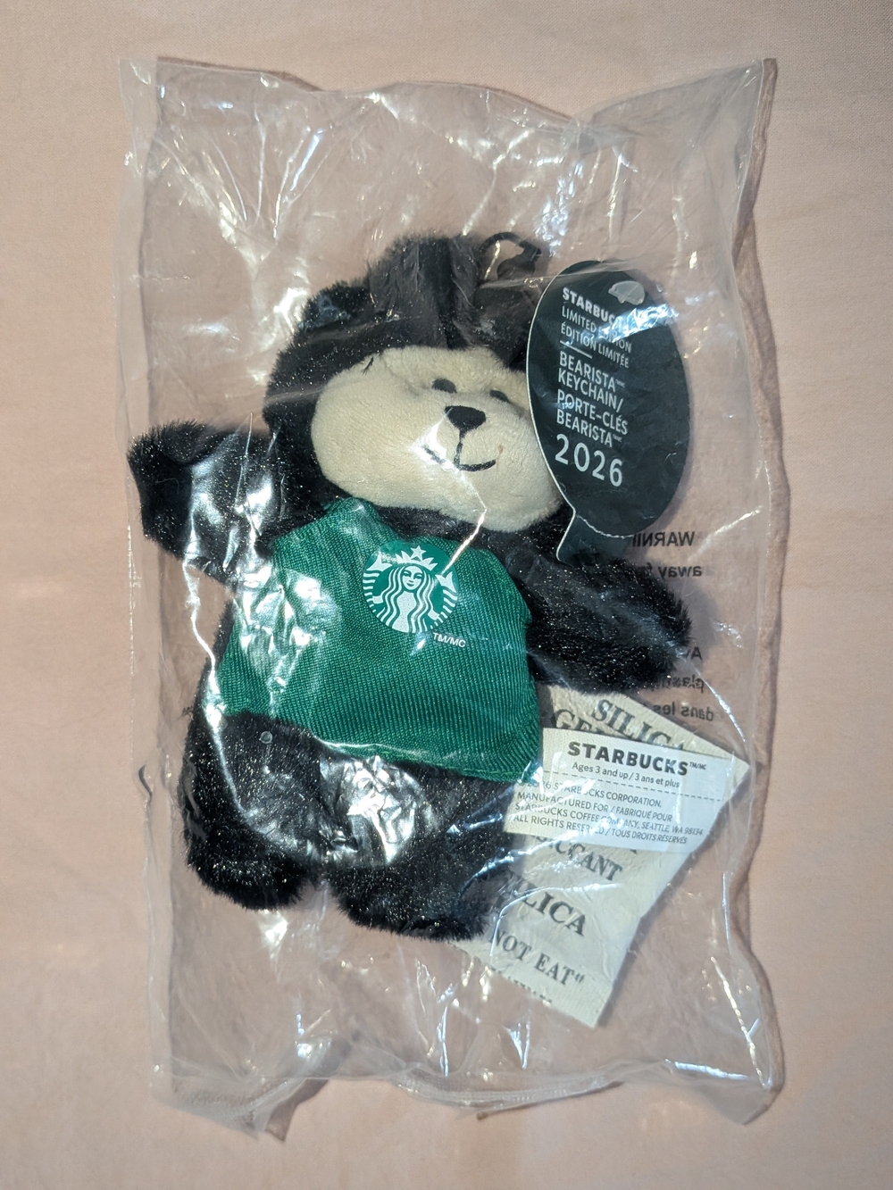 Starbucks Black Cat Bear Keychain with Green Apron